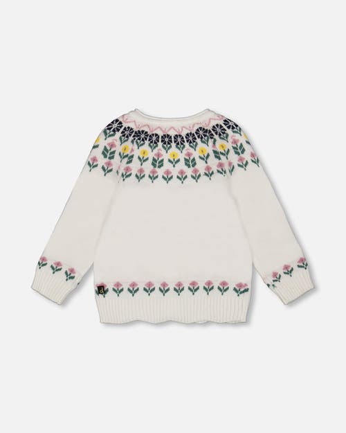Deux Par Deux Jacquard Knit Cardigan With Floral In White