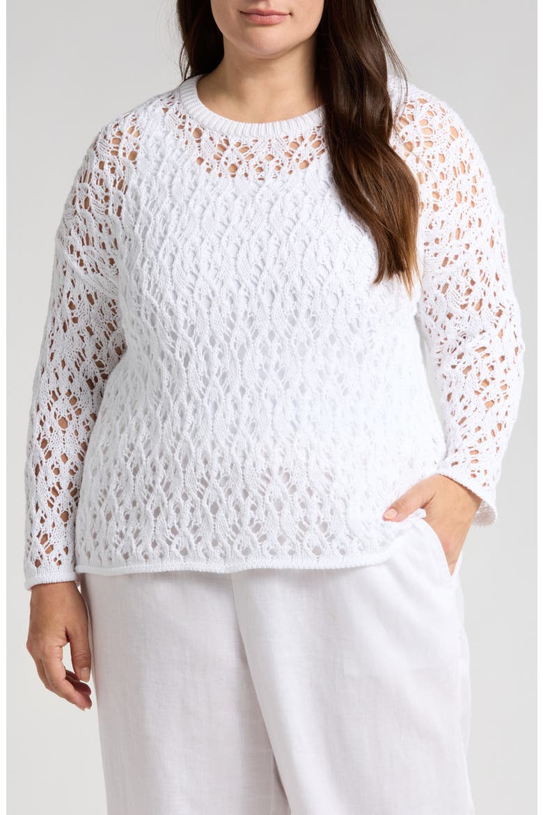 Open Stitch Organic Cotton Crewneck Sweater, Main, color, WHITE