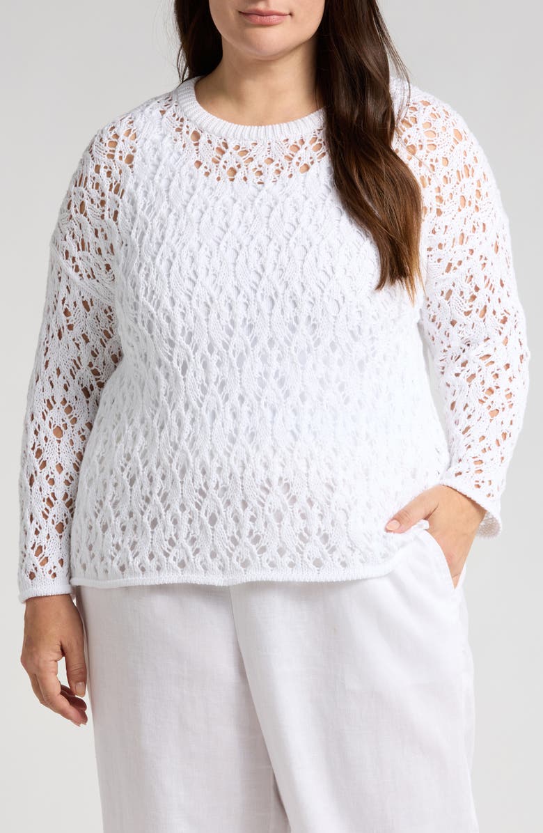 Eileen Fisher Open Stitch Organic Cotton Crewneck Sweater, Main, color, White