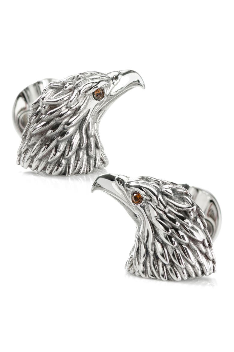 Eagle Head Cuff Links, Alternate, color, SILVER