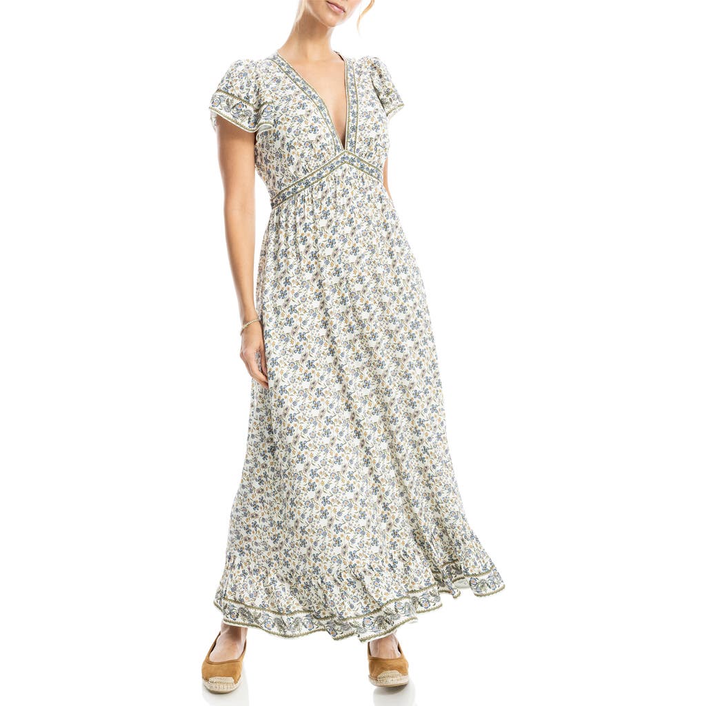 Max Studio Empire Waist Flutter Sleeve Maxi Dress In Cream/sky Floral Swing Vines