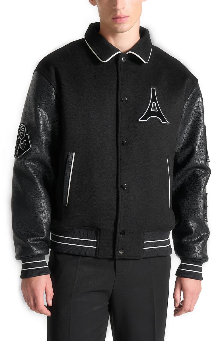 Manière De Voir Oscar Mona Lisa Wool Blend Varsity Jacket, Alternate, color, Black