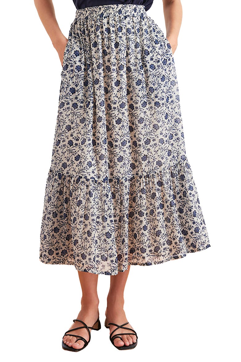 Wren Tiered Midi Skirt, Main, color, Sapphire Vines