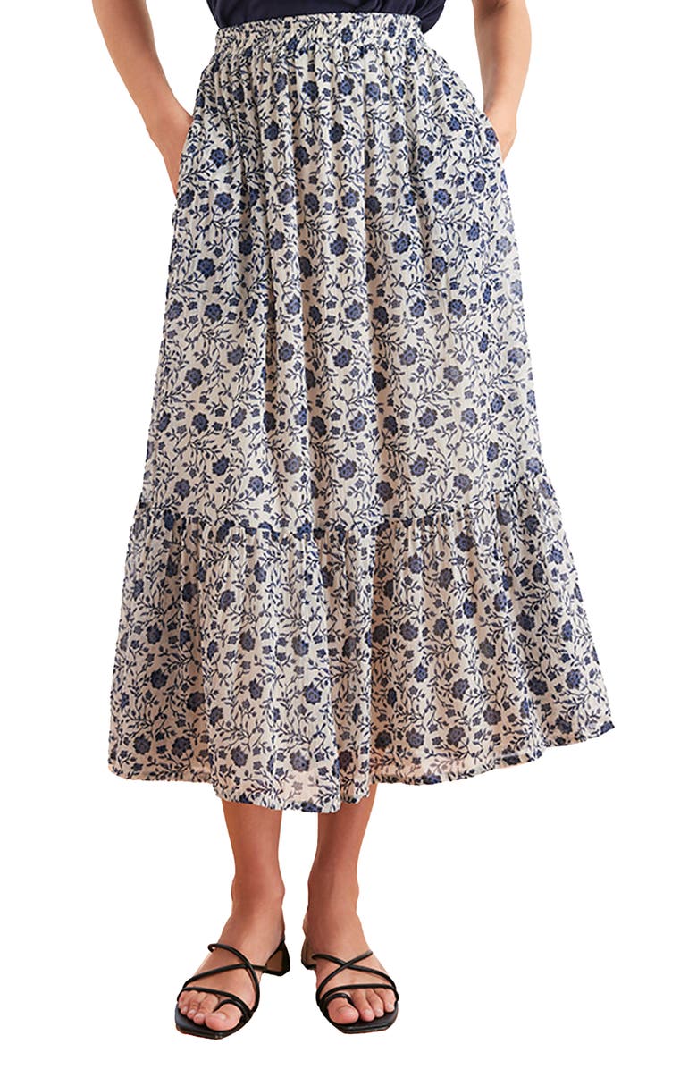 Paneros Clothing Wren Tiered Midi Skirt, Main, color, Sapphire Vines