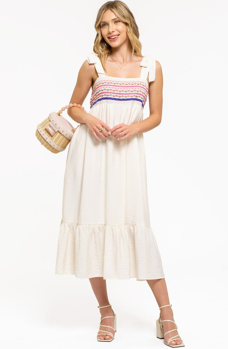 AUGUST SKY Embroidered Tie Strap Empire Waist Midi Dress, Alternate, color, Cream
