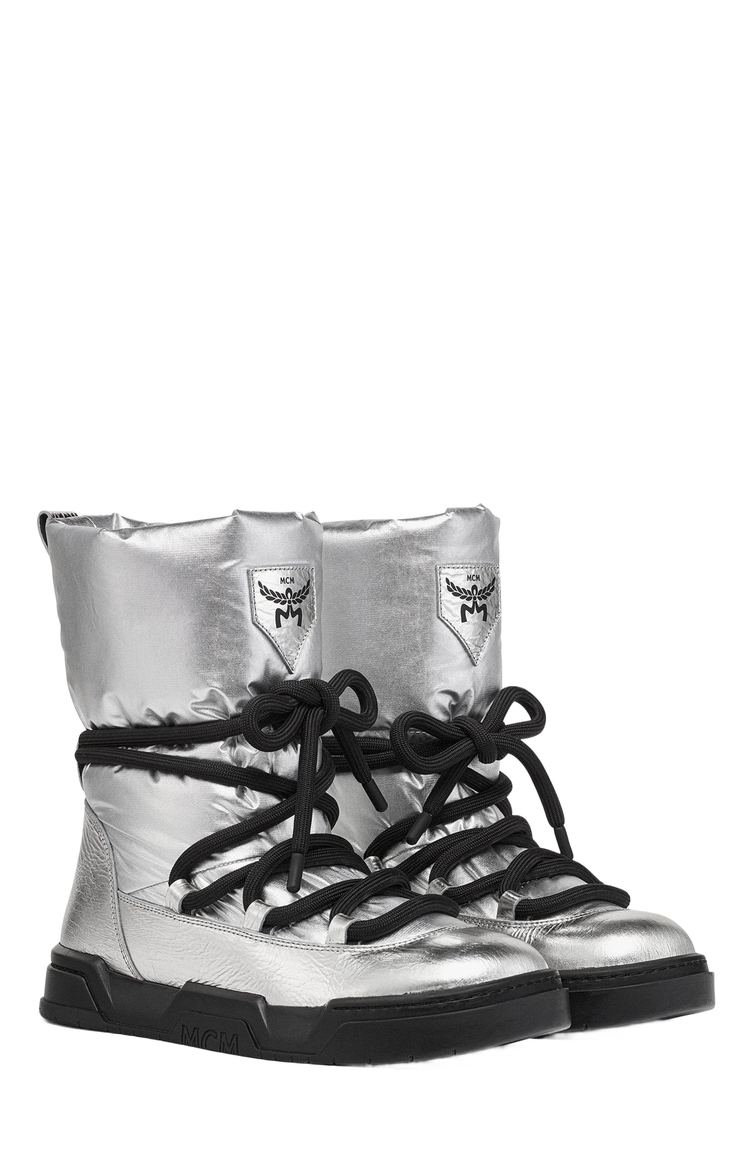 MCM Skyward Ankle Boots in Metallic Calf Leather, Main, color, Silver