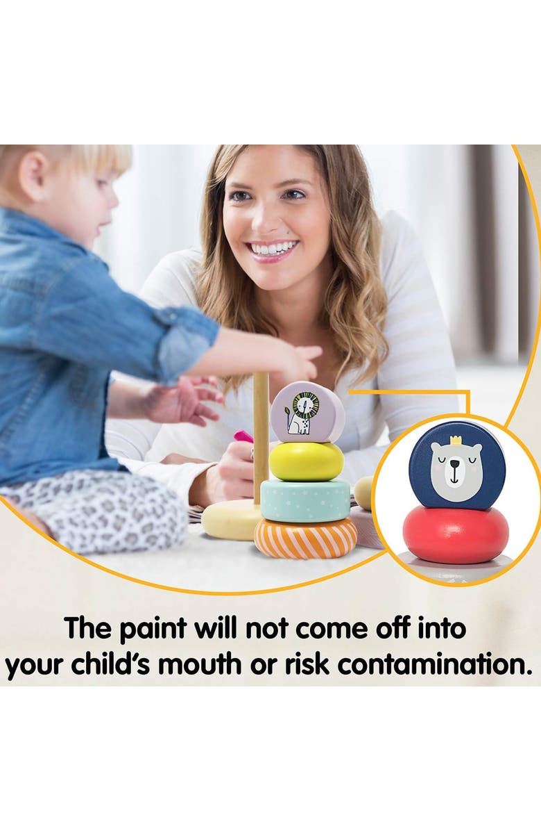 Leo & Friends Wooden Stacking Toys, 6 Wooden Rings, 1 Lion Crown On Top, Alternate, color, Red