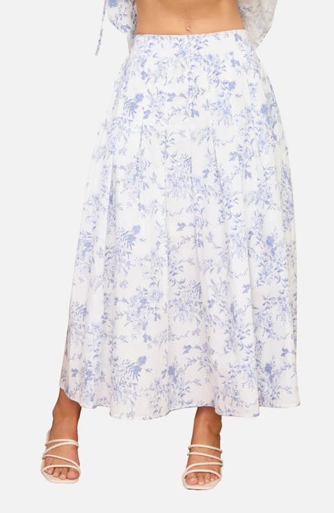 Floral Toile Pleated Midi Skirt