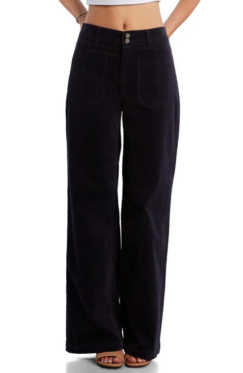 High Waist Patch Pocket Wide Leg Stretch Velvet Pants