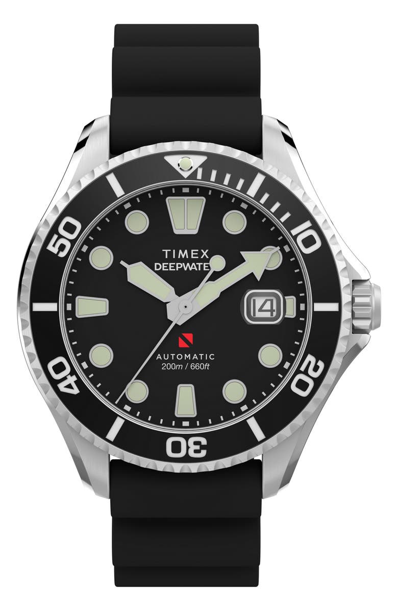 Timex<sup>®</sup> Deepwater Meridian Automatic Rubber Strap Watch, 44mm, Main, color, Black