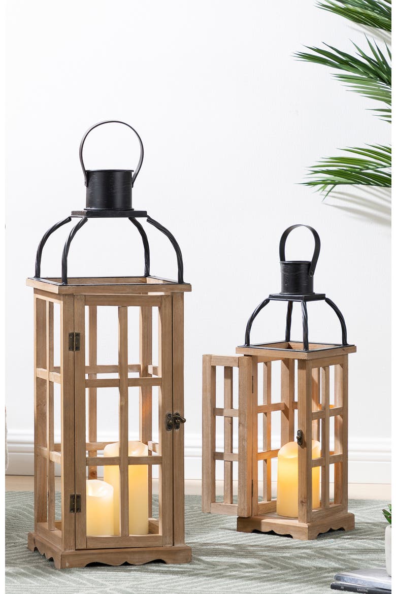 Set of 2 Farmhouse Vintage Wood & Metal Lanterns Candle Holders with Hanger, Alternate, color, Brown