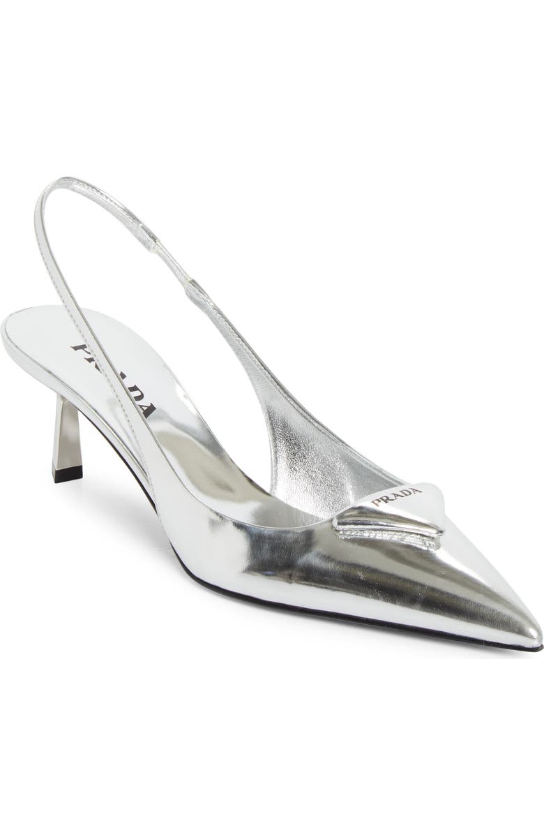 Prada Modellerie Pointed Toe Metallic Kitten Heel Slingback Pump, Main, color, Argento