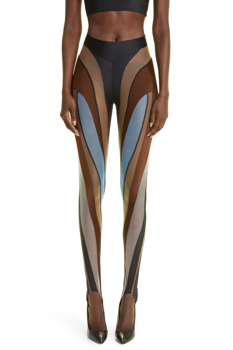 Sheer Spiral Stirrup Leggings, Main, color, CHOCOLATE / SKY BLUE