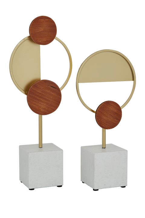 Goldtone Metal Geometric Sculpture with Wood Accents - Set of 2