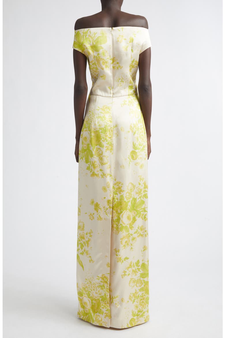 Floral Print Duchesse Satin Off the Shoulder Gown, Alternate, color, ROSE BOUQUET CHARTREUSE