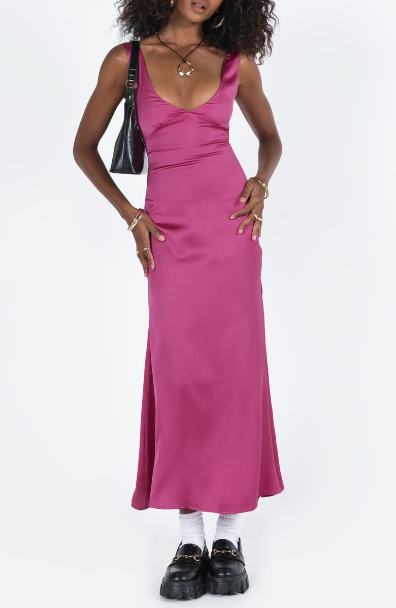 Princess Polly Lynsey V-Neck Satin Maxi Dress, Main, color, 