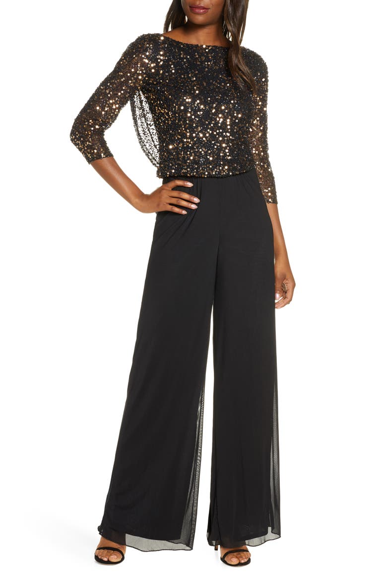 Beaded Cowl Back Jumpsuit, Main, color, BLACK/ GUNMETAL