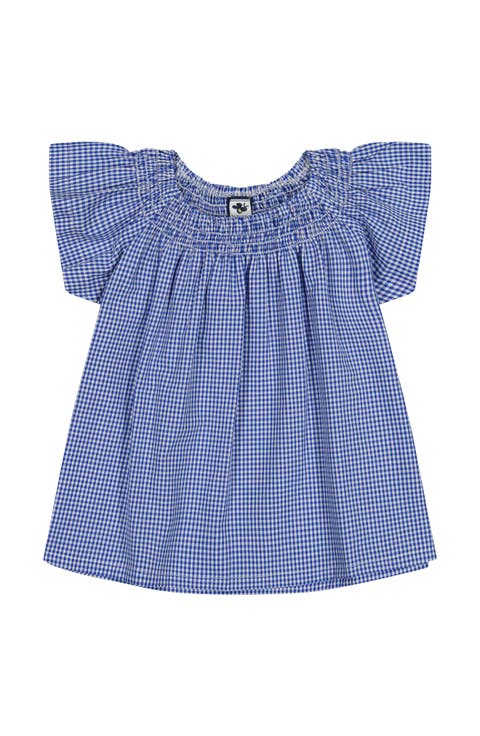 Molly Smocked Flutter Sleeve Top Blue Mini Check