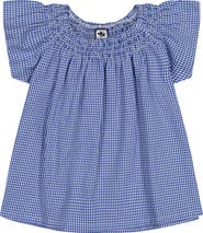 Busy Bees Molly Smocked Flutter Sleeve Top Blue Mini Check