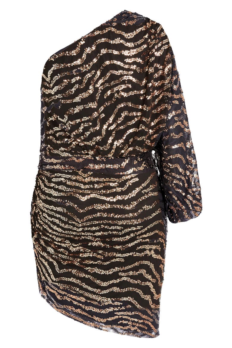 Sequin Stripe One-Shoulder Long Sleeve Dress, Alternate, color, BLACK/ GOLD