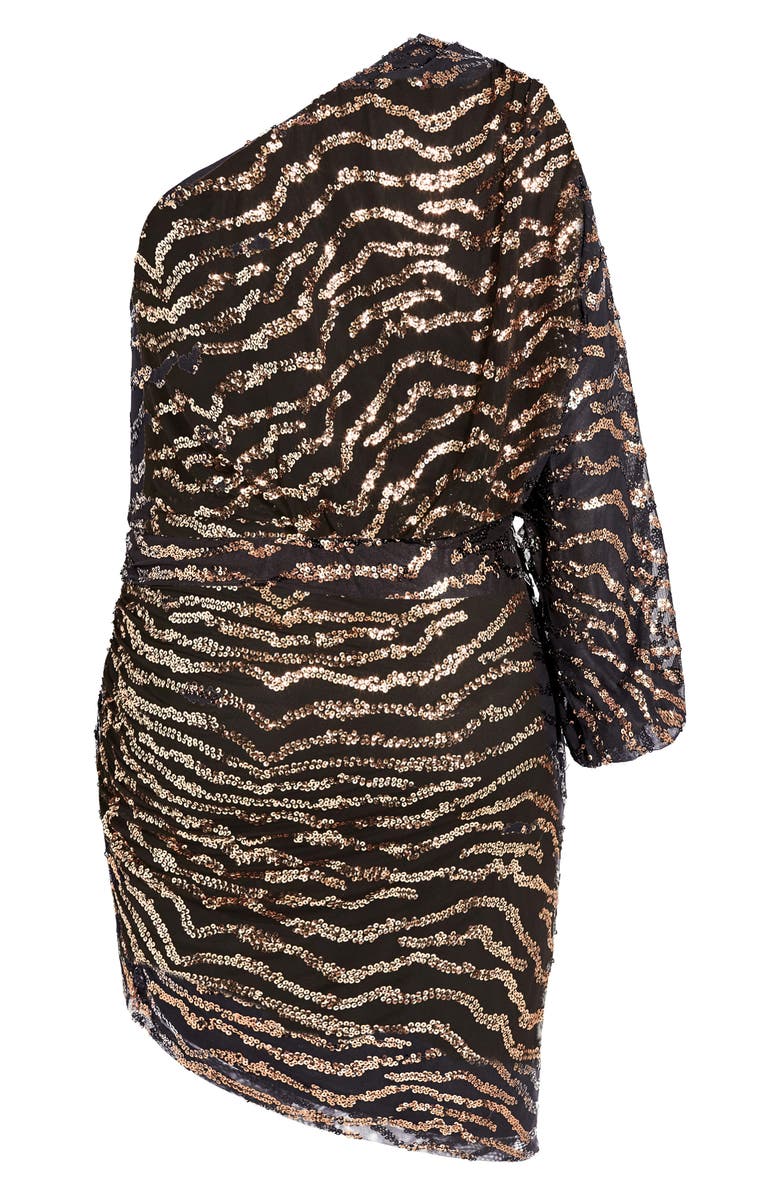 City Chic Sequin Stripe One-Shoulder Long Sleeve Dress, Alternate, color, Black/ Gold