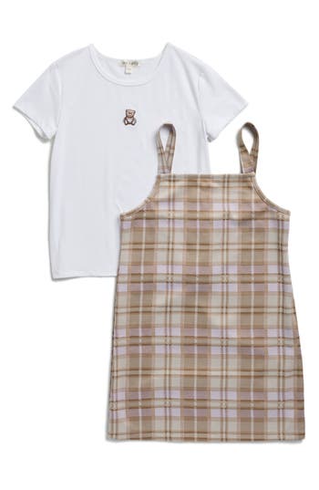 Ava & Yelly Kids' Embroidered Tee & Double Knit Plaid Shift Dress Set In Neutral