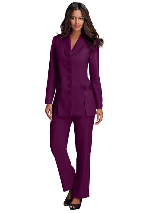 Plus Size Long Sleeve Ten Button Shawl Collar Pant Suit 2 Piece Pant Set