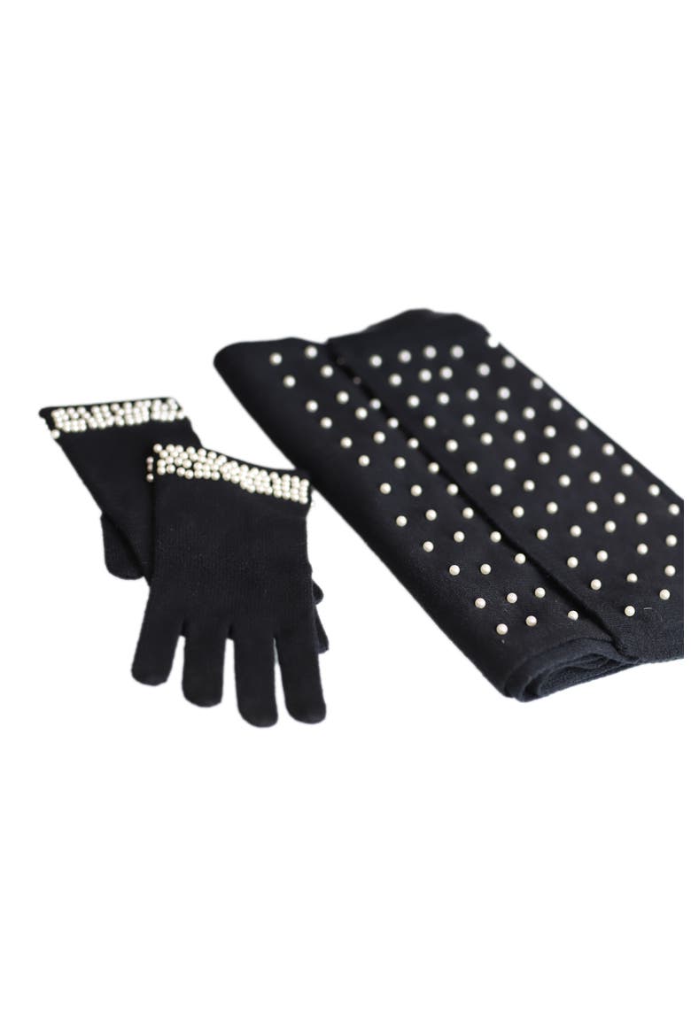 Imitation Pearl Scarf & Gloves Set, Alternate, color, BLACK