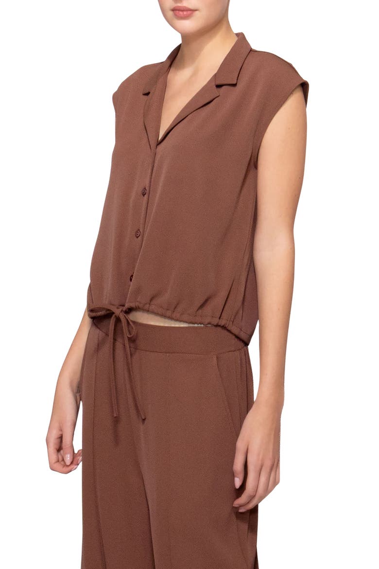 Drawstring Hem Sleeveless Button-Up Shirt, Alternate, color, BROWN