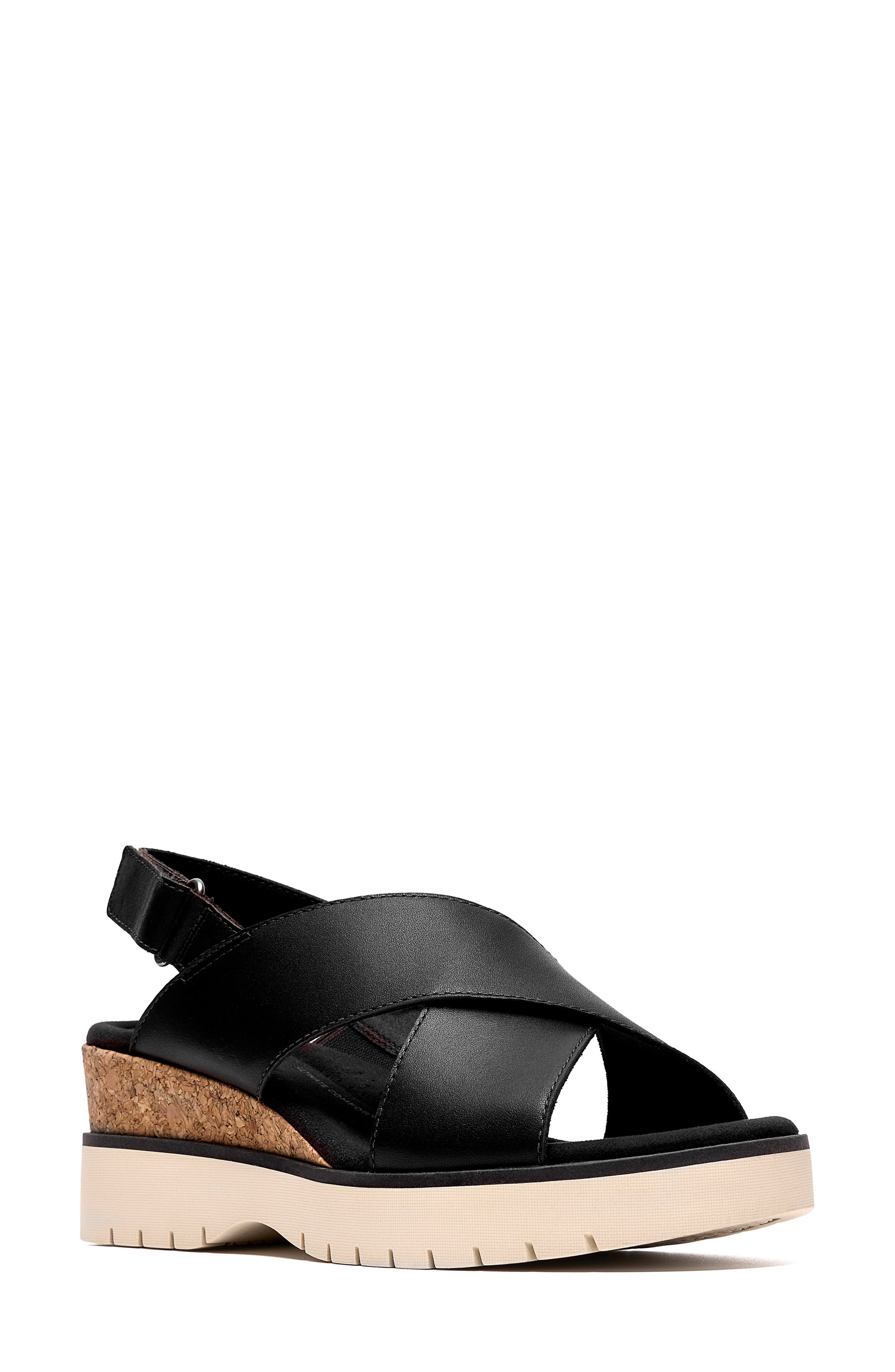 Clarks<sup>®</sup> Diaz Cross Strap Wedge Sandal, Main, color, Black Leather