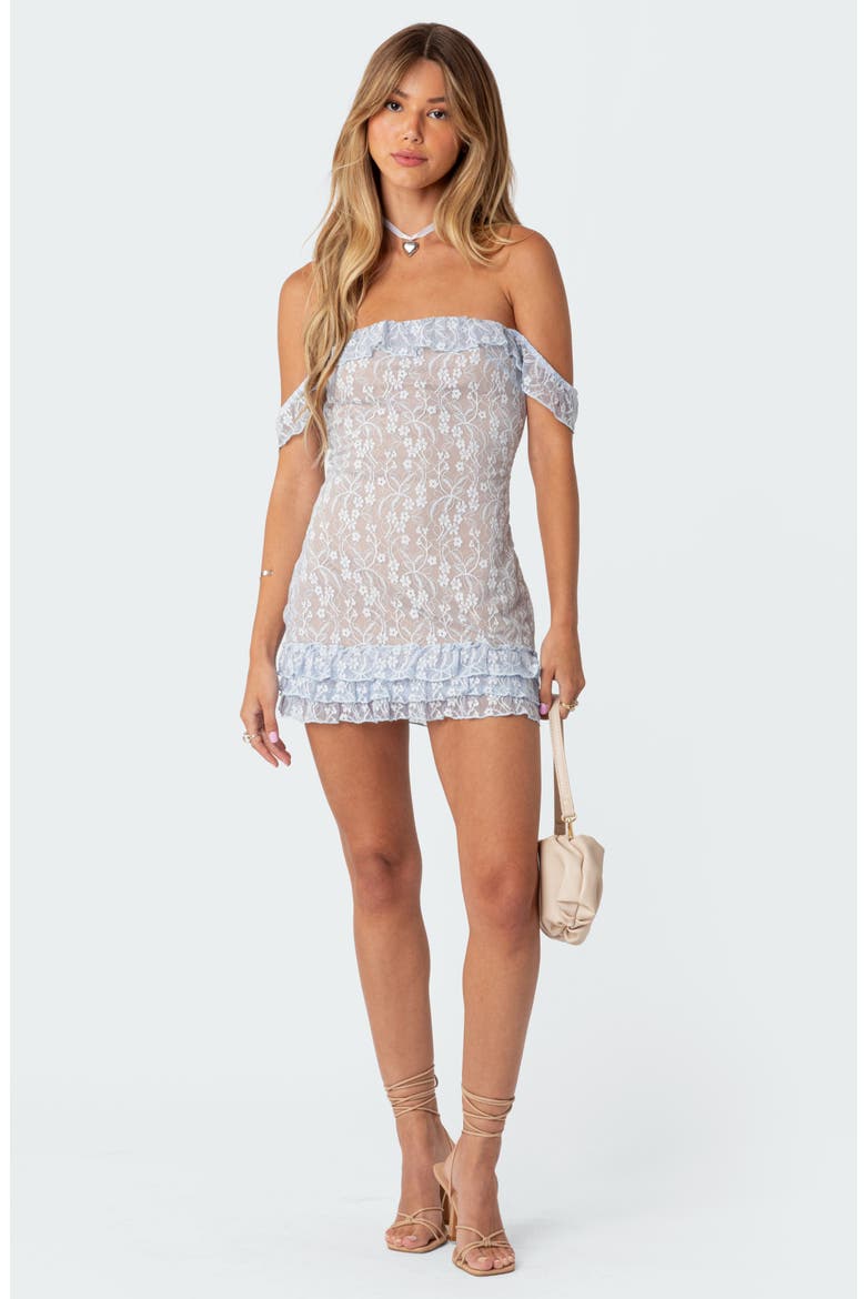 Paradise Lace & Ruffle Off the Shoulder Minidress, Alternate, color, LIGHT-BLUE