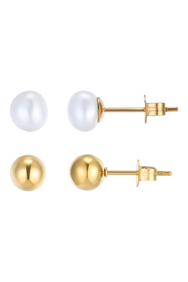 Set of 2 Freshwater Pearl & Round Stud Earrings, Main, color, GOLD/ WHITE