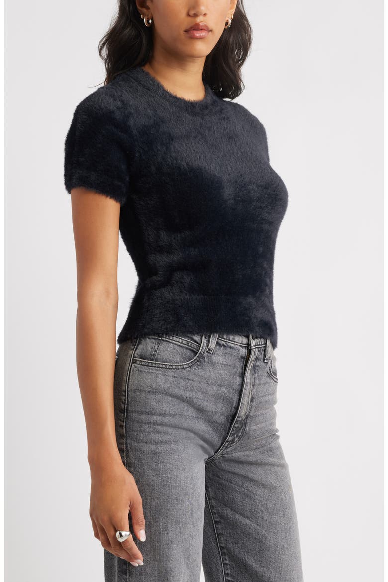 Fuzzy Short Sleeve Sweater, Alternate, color, BLACK