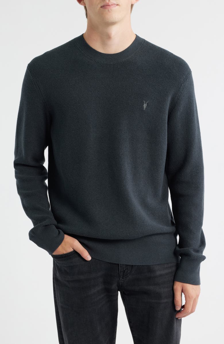 AllSaints Oversize Cotton & Wool Waffle Crewneck Sweater, Main, color, Bond Blue