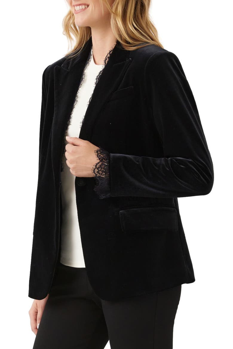 Lace Trim Velvet Blazer, Alternate, color, BLACK
