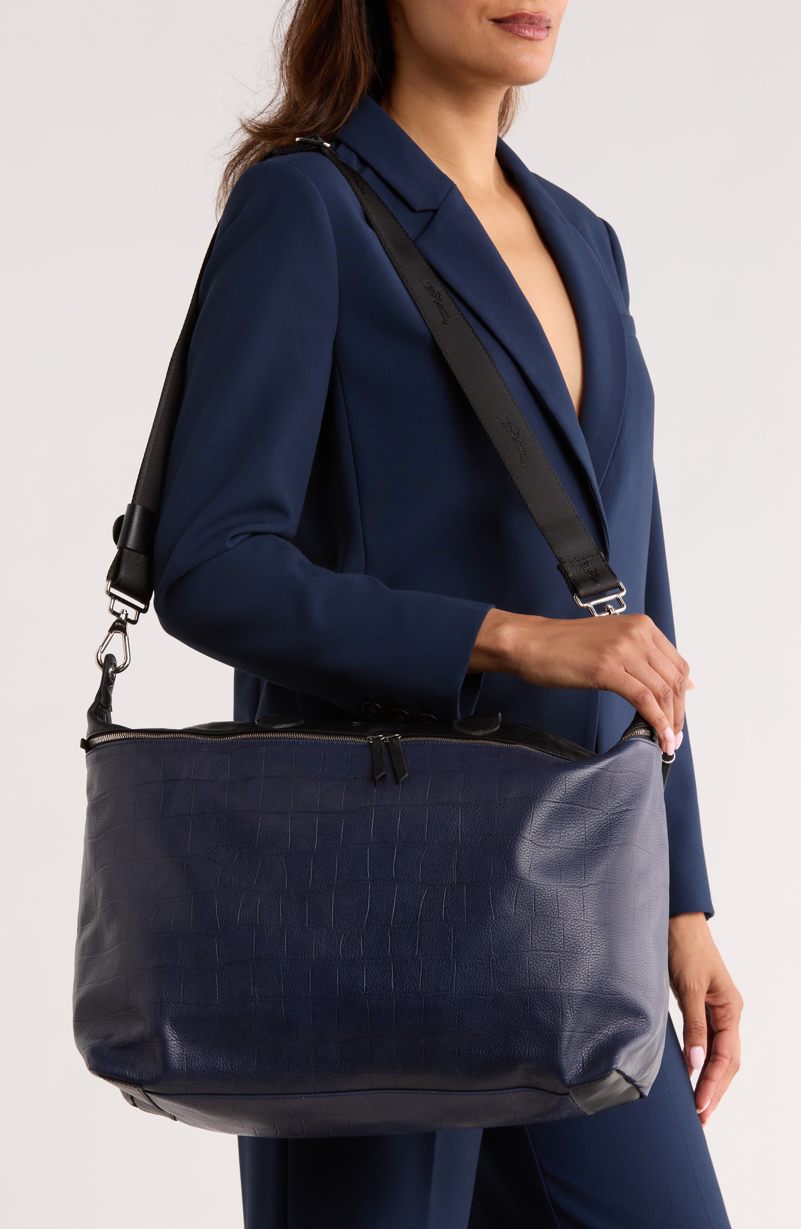 Longchamp Croc Embossed Gym Bag, Alternate, color, Black/Blue