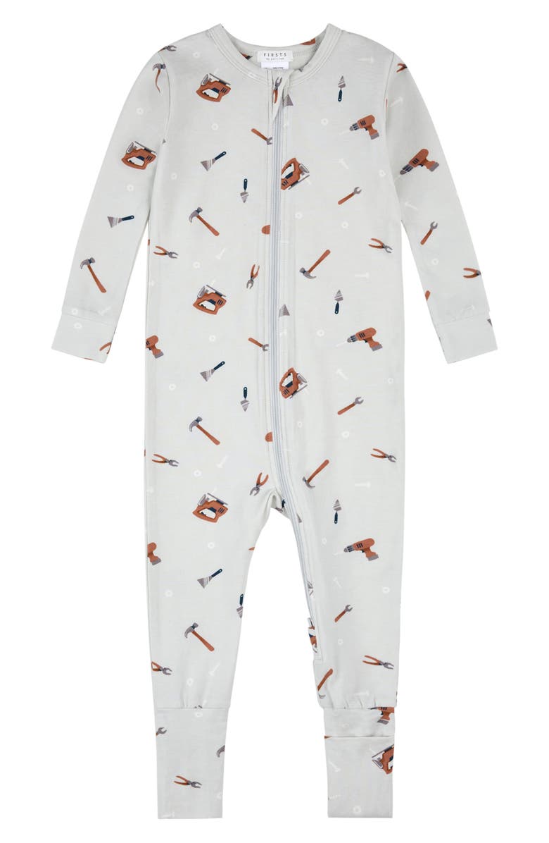 Petit Lem Tool Print Convertible One-Piece Pajamas, Main, color, Light Grey