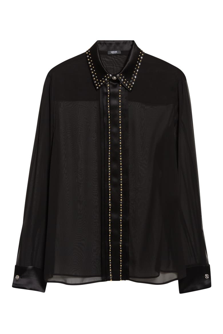 Studded Silk Georgette Button-Up Shirt, Alternate, color, BLACK