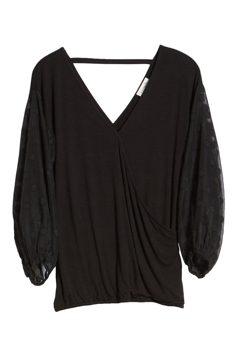 Dot Chiffon Sleeve Faux Wrap Top, Alternate, color, BLACK