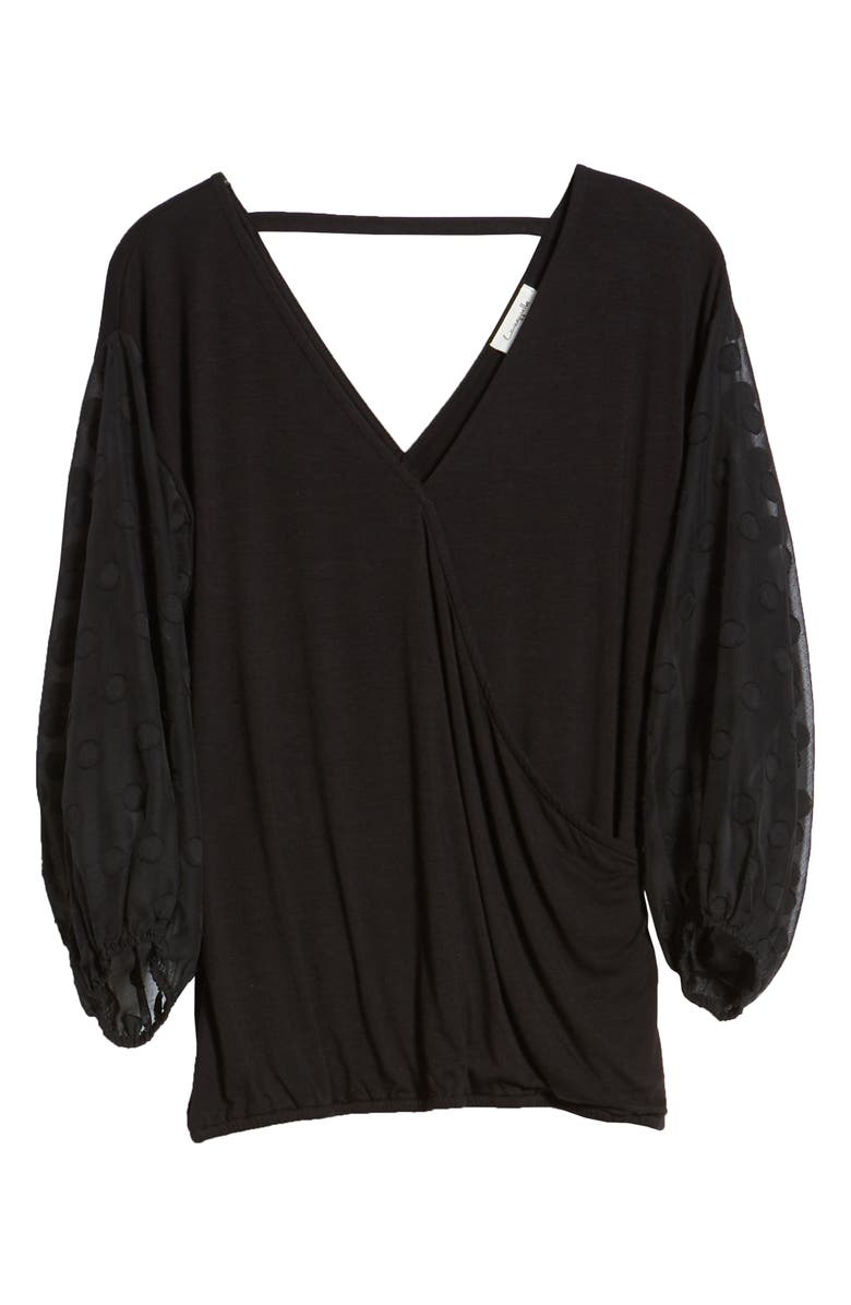 Loveappella Dot Chiffon Sleeve Faux Wrap Top, Alternate, color, 