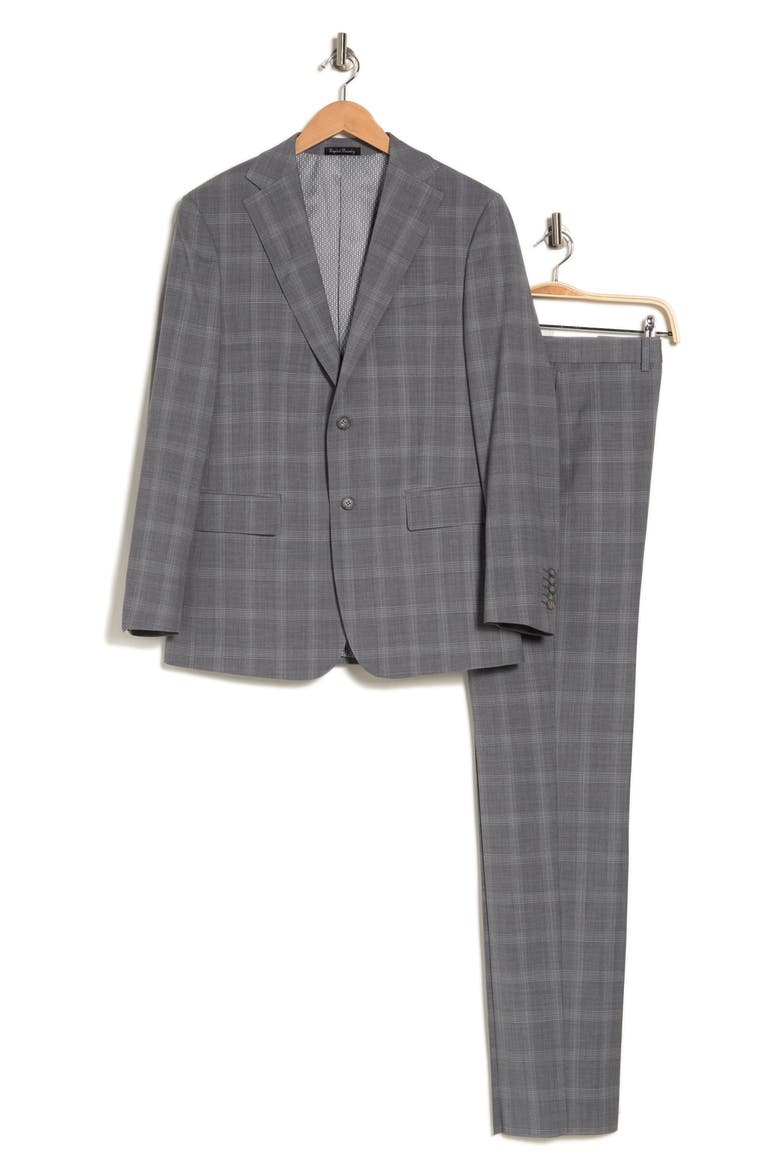 Plaid Two Button Peak Lapel Trim Fit Wool Blend Suit, Alternate, color, GRAY