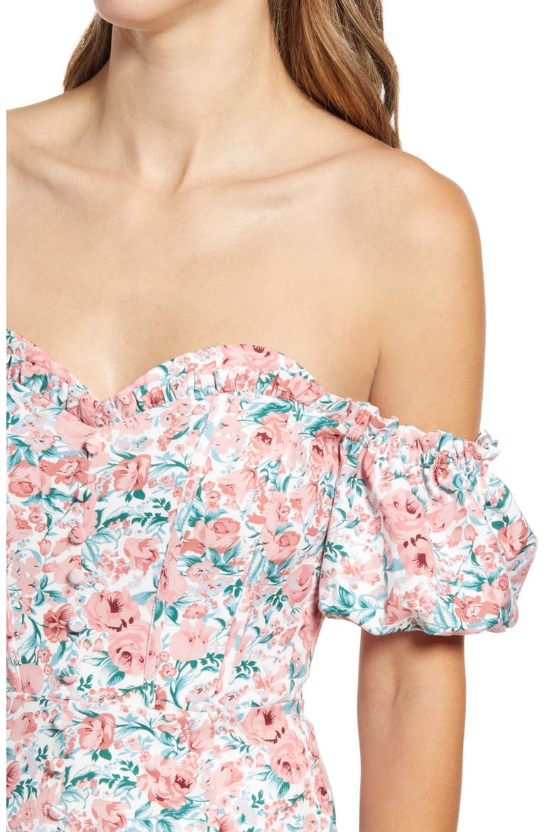 Bonded Floral Off the Shoulder Puff Sleeve Satin Dress, Alternate, color, CORAL FLORAL