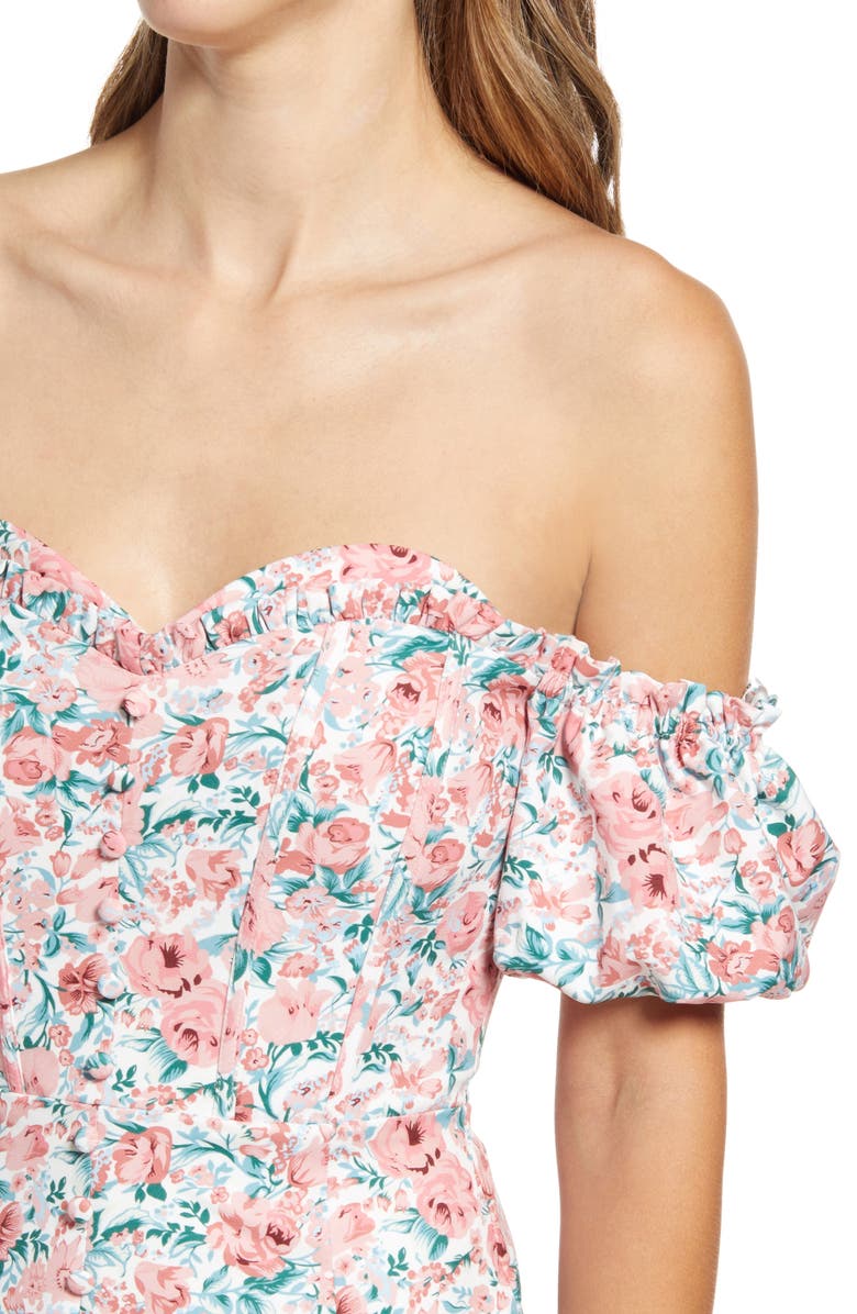 Lavish Alice Bonded Floral Off the Shoulder Puff Sleeve Satin Dress, Alternate, color, 