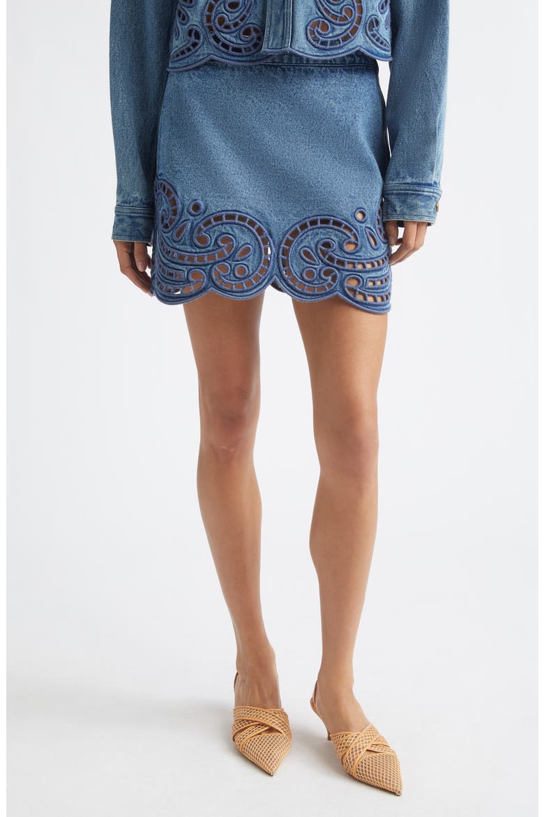 The Cadiz Eyelet Denim Miniskirt, Main, color, RIVER