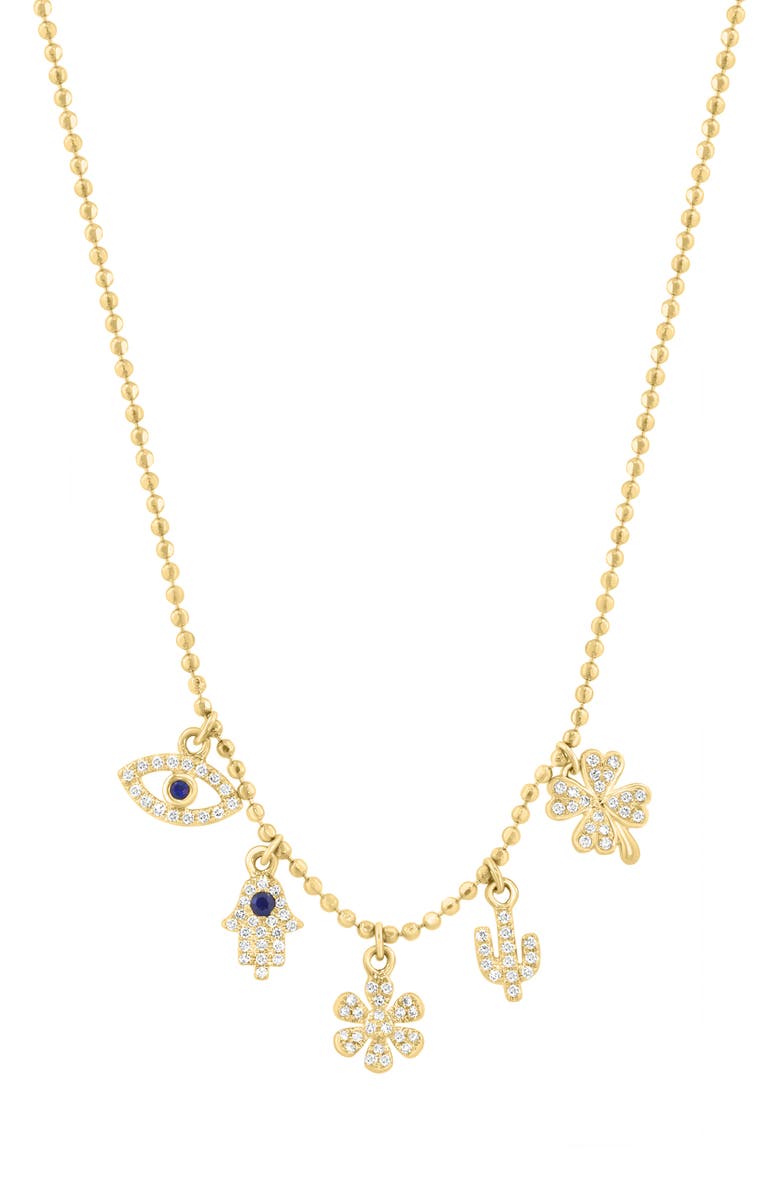EFFY Pavé Diamond & Sapphire Lucky Charm Frontal Necklace, Main, color, Gold