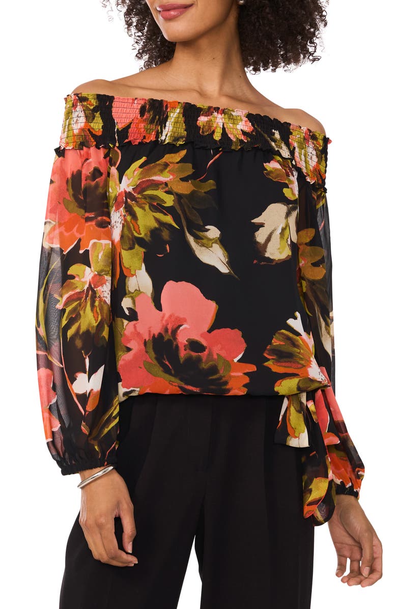 Vince Camuto Floral Smocked Off the Shoulder Tie Hem Top, Main, color, 