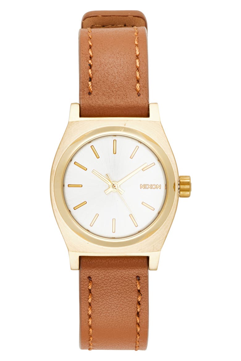 'Small Time Teller' Leather Strap Watch, 26mm, Main, color, LIGHT GOLD / WHITE SUNRAY