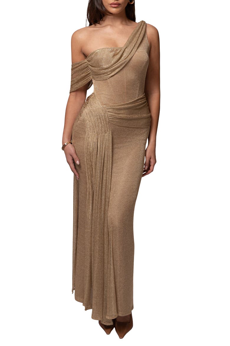 Drape Metallic One-Shoulder Gown, Main, color, GOLD