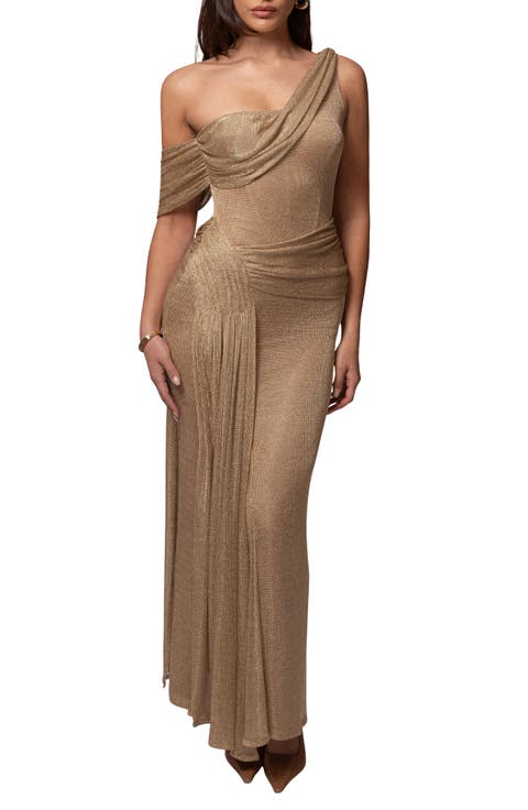 Drape Metallic One-Shoulder Gown