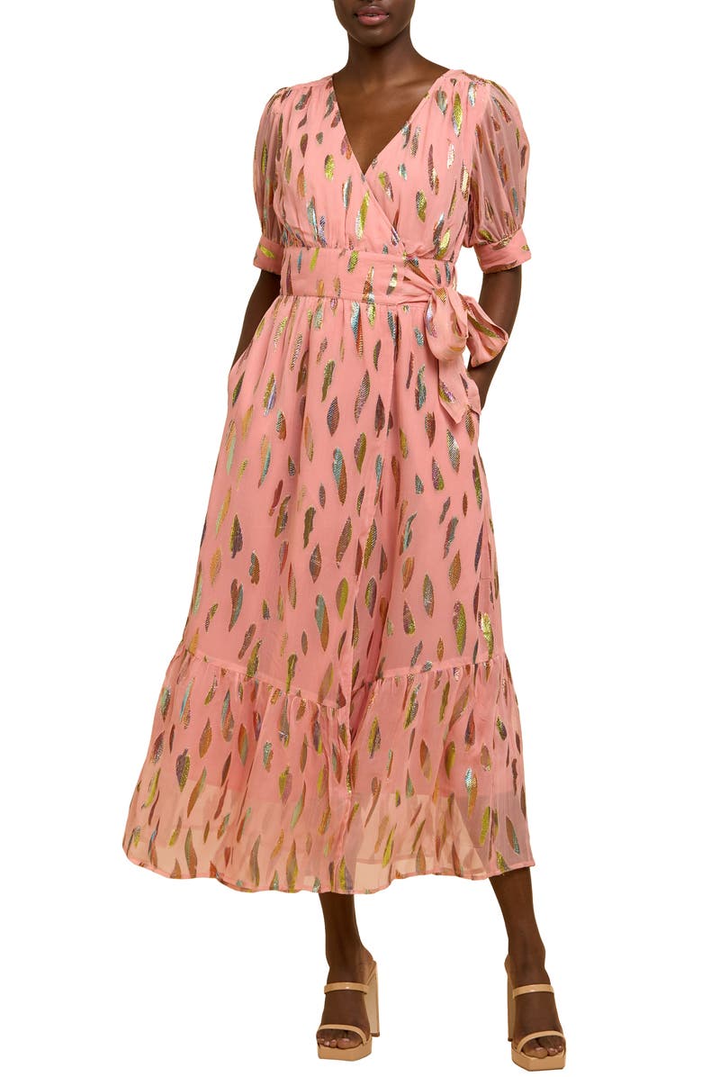 CIEBON Whitney Metalllic Print Wrap Dress, Main, color, Dusty Pink